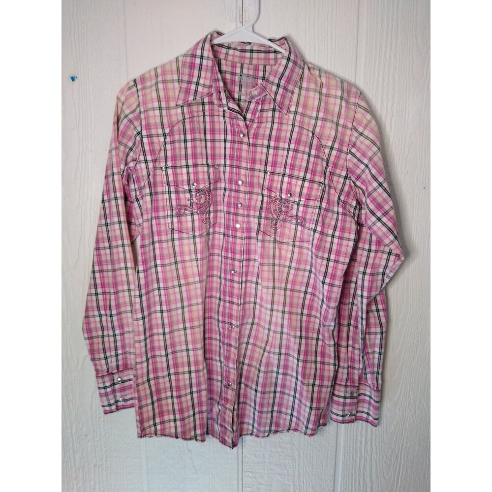Wrangler Rock 47 Womens M Plaid Rhinestone Snap Front Long Sleeve Embroidered